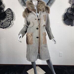 CHRIS BENZ~S/M~GRAY GENUINE SHEARLING SHEEPSKIN LEATHER REAL FOX FUR COAT